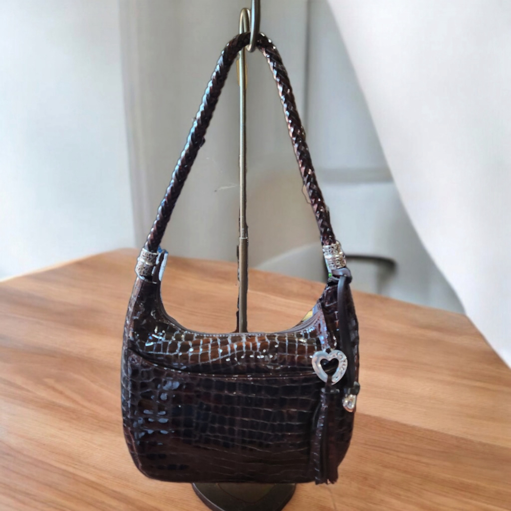 **Brighton Barbados Espresso Croc Shoulder Bag with Turquoise interior fabric